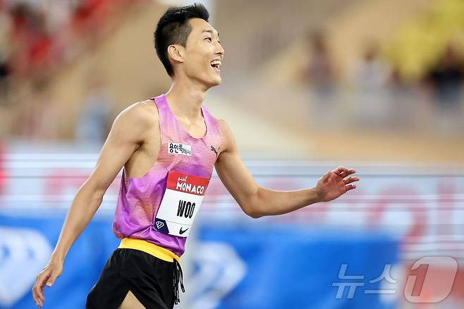 높이뛰기 우상혁이 포효하고 있다.ⓒ AFP=뉴스1
