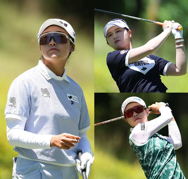 2025년 한국여자프로골프(KLPGA) 투어 하이원리조트 여자오픈 우승 경쟁에 뛰어든 김민주 프로와 박현경, 박민지 프로가 3라운드에서 경기하는 모습이다. 사진제공=KLPGA
