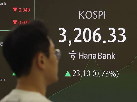 코스피가 장중 3200을 돌파하며 연고점을 경신한 11일 오전 서울 중구 하나은행 본점 딜링룸에서 딜러들이 업무를 보고 있다. 2025.7.11  [사진=연합뉴스]