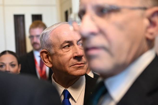 방미중인 이스라엘 베냐민 네타냐후 총리가 지난 9일(현지시간) 미국 워싱턴 D.C. 연방의회 의사당에서 열리는 회의에 참석하고 있다. AFP연합뉴스