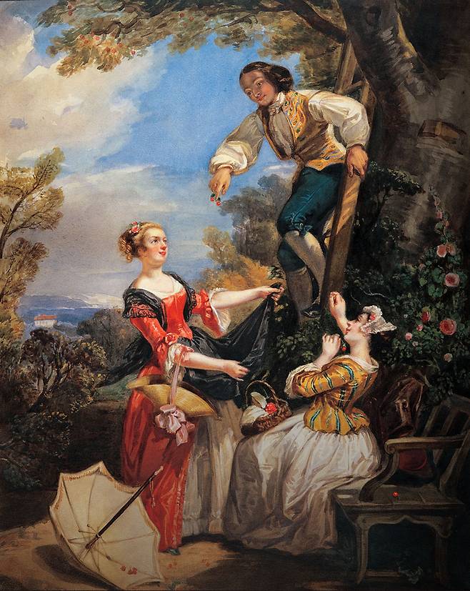 “자연은 이렇게 달콤하고 선한 것이랍니다.” 체리를 따는 장 자크 루소를 묘사한 그림.