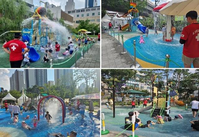 지난해 어린이들이 가재울어린이공원, 문화촌어린이공원, 은가어린이공원, 중앙근린공원 물놀이터(왼쪽 위부터 시계 방향)를 이용하는 모습. 서대문구청 제공