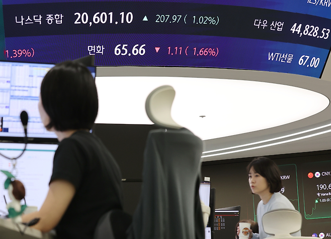 4일 서울 중구 하나은행 본점 딜링룸에서 직원들이 업무를 보고 있다. 미국 현지시간 3일 S&P 500 지수는 전장보다 51.93포인트(0.83%) 오른 6,279.35에, 나스닥 종합지수는 전장보다 207.97포인트(1.02%) 오른 20,601.10에 마감해 각각 종전 최고치 기록을 경신했다. [연합뉴스]