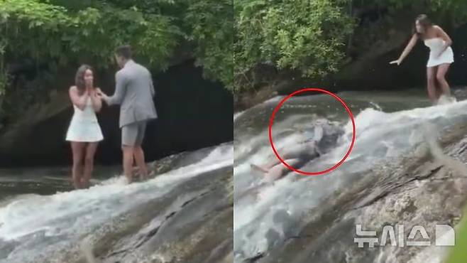[서울=뉴시스]자메이카의 유명 관광지인 던스리버폭포에서 한 남성이 여자친구에게 청혼하려다 발을 헛디뎌 물속으로 떨어졌다. (영상=X) 2025.7.9.