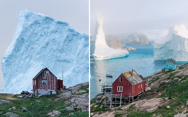 그린란드 서부 작은 섬마을 이나르수이트(Innaarsuit)에 초대형 빙산이 접근하면서 충돌 위험이 커지고 있다. 사진=데니스 레흐토넨 인스타그램