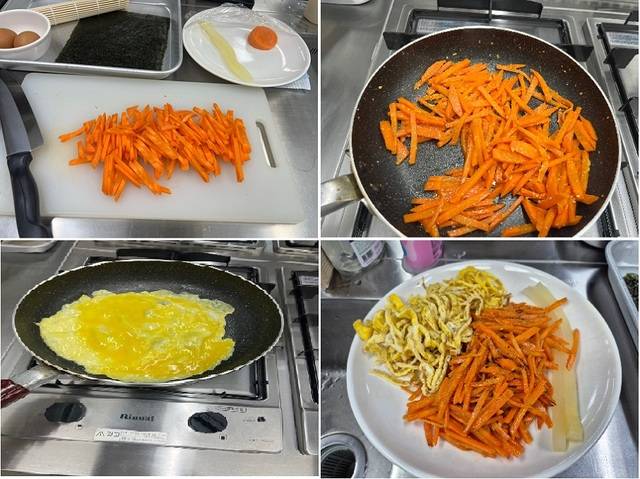 김밥의 속재료가 될 당근과 달걀지단을 직접 썰고 볶았다/사진=박은 기자