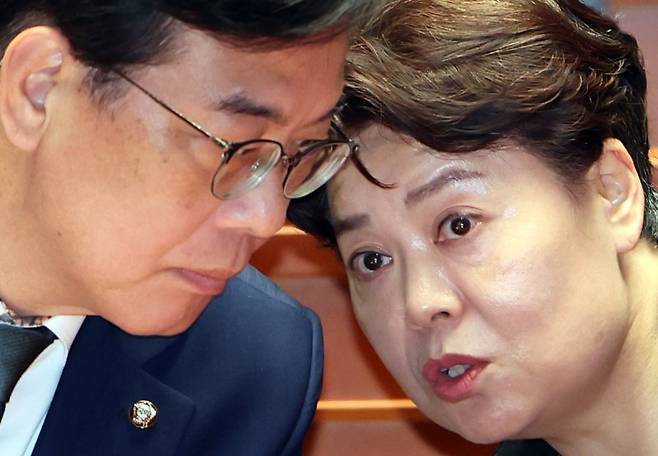 송언석 국민의힘 비상대책위원장 겸 원내대표와 윤희숙 혁신위원장이 9일 오후 서울 여의도 국회에서 열린 긴급의원총회에서 대화하고 있다. 사진=뉴시스