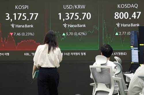 11일 오후 서울 중구 하나은행 본점 딜링룸 현황판에 코스피 지수, 원/달러 환율, 코스닥 지수가 표시돼 있다.  [연합뉴스]