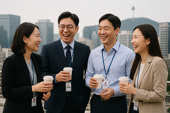 올해 코스피 상승 랠리를 타고 금융지주 주가가 고공행진하자 우리사주를 꾸준히 매입한 은행 직원들의 얼굴에도 웃음꽃이 폈다. [챗GPT를 이용해 제작함]