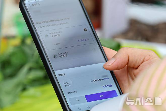 [서울=뉴시스] 권창회 기자 = 사진은 지난 7일 서울 시내 전통시장에서 한 시민이 지역화폐로 물품을 구매하는 모습. 2025.07.07. kch0523@newsis.com