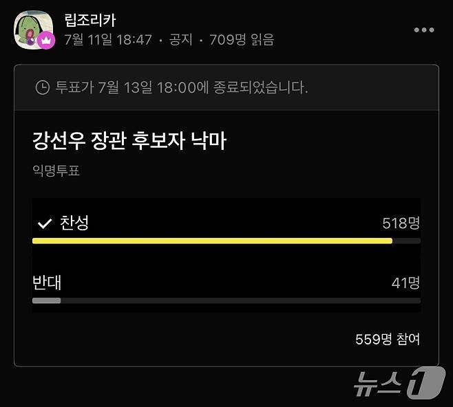 강선우 여성가족부 장관 후보자 낙마 관련 투표 결과 (독자 제공).2025.07.14 / 뉴스1