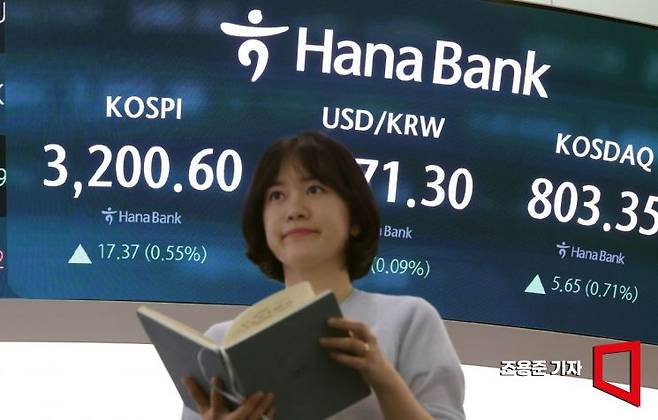 서울 중구 하나은행 딜링룸 모니터에 코스피 지수가 표시돼 있다. 조용준 기자