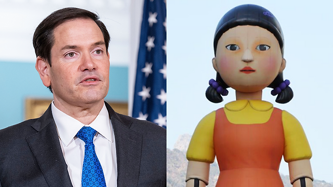 마코 루비오 미 국무장관 겸 국가안보보좌관. 오른쪽은 오징어게임의 영희 캐릭터.