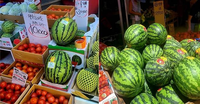 지난 11일 오전 서울 마포구 망원시장 주변 청과물가게에서 판매 중인 수박. 가격표에는 2만7000원, 3만원 등이 적혀 있다. 일부 가게에서는 2만2000원, 2만5000원 가격대로 수박을 할인 판매하기도 했다. /민영빈 기자