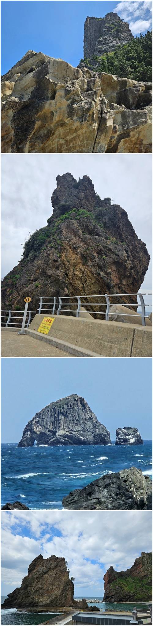 (위로부터)주름이 많은 노인봉, 효녀바위라고도 불리는 촛대바위, 코끼리 바위, 통구미와 거북바위