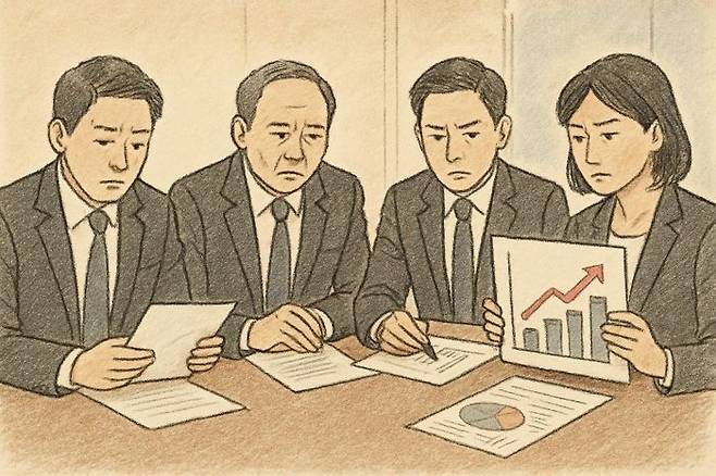 보험사 직원들이 예정이율 인하 여부와 인하 폭, 적용 상품 범위를 논의하고 있다.ⓒ데일리안 AI 이미지 삽화.