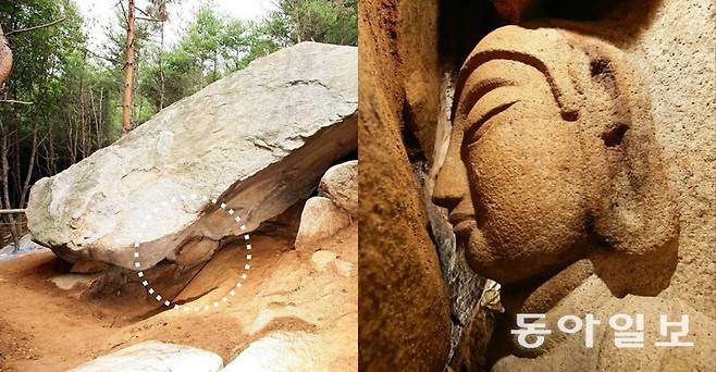 2007년 발견 당시의 경주 마애불 모습. 오른쪽 사진은 흰색 원 안을 확대한 모습. 동아일보DB