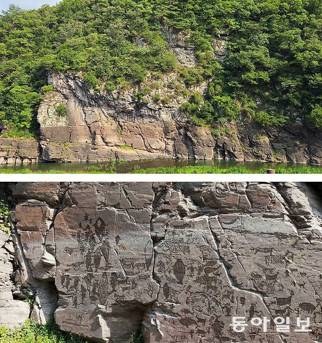 유네스코 세계유산 ‘반구천의 암각화’ 중에서 ‘울주 대곡리 반구대 암각화’는 하천을 끼고 있는 장대한 암벽(위 사진)에 고래 사냥 장면을 포함한 그림 353점이 새겨져 있다(아래 사진). 울산=이지윤 기자 leemail@donga.com