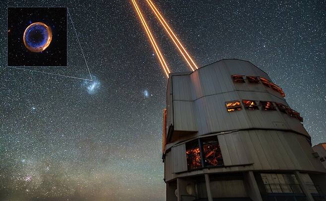 유럽남방천문대를 기준으로 본 이중폭발 초신성 잔해의 위치. 이 잔해는 16만광년 거리에 있는 우리 은하의 위성 은하 `대마젤란은하\'에 있다. 유럽우주남방천문대 제공