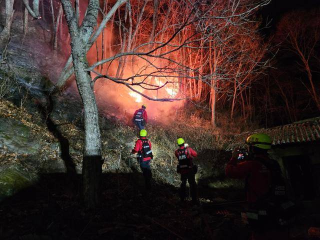 산불 공중진화대원들이 3월 26일 새벽 경북 청송 산불 지역에서 야간 진화 작업을 하고 있다. 산림청 제공