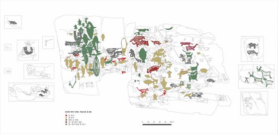 선 쪼기, 면 쪼기, 굵은 선 새김 등 제작 기법으로 나눈 반구대 암각화. 반구대 암각화는 전면 높이 2.7m, 너비 6m다. 사진처럼 좌우에 있는 암벽의 그림까지 합하면 너비는 9m에 이른다. [사진 김호석]