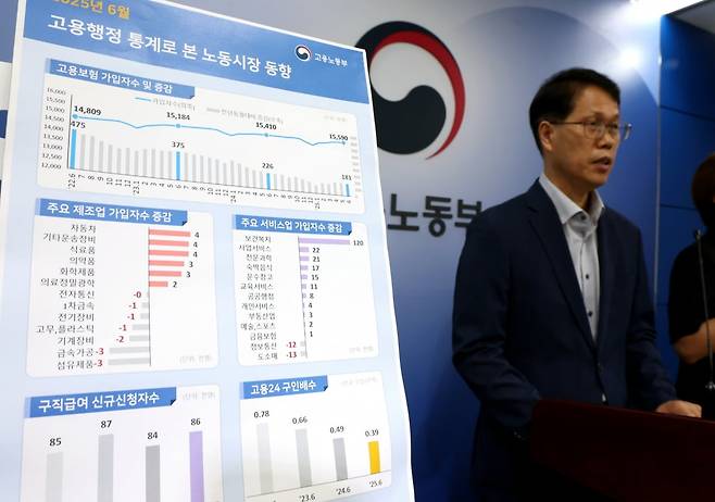 천경기 고용노동부 미래고용분석과장이 14일 세종시 정부세종청사에서  고용행정 통계로 본 2025년 6월 노동시장 동향을 설명하고 있다. 사진=뉴스1