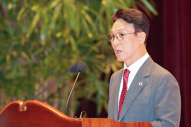 김민석 국무총리가 지난 7일 정부세종청사 대강당에서 열린 취임식에서 취임사를 하고 있다. 연합뉴스