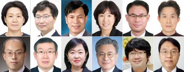 윗줄 왼쪽부터 최은옥 교육부 차관, 구혁채 과학기술정보통신부 1차관, 박인규 과학기술정보통신부 과학기술혁신본부장, 강윤진 국가보훈부 차관, 강희업 국토교통부 2차관, 노용석 중소벤처기업부 차관. 아래 줄 왼쪽부터 조원철 법제처장, 이명구 관세청장, 홍소영 병무청장, 허민 국가유산청장, 임승관 질병관리청장, 강주엽 행복중심복합도시건설청장. 대통령실 제공·연합뉴스