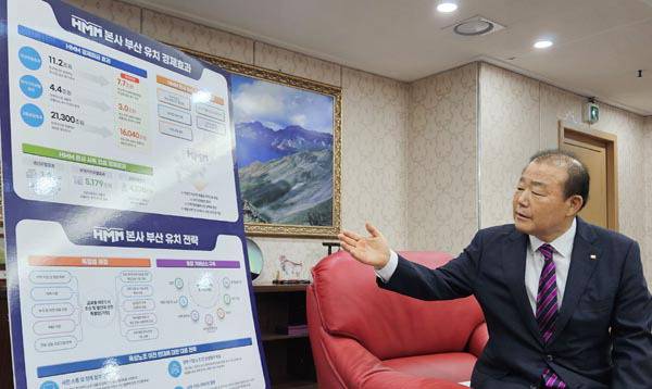 양재생 부산상공회의소 회장이 14일 부산상의에서 HMM 본사 이전에 따른 경제적 파급효과 등을 설명하고 있다. 부산상공회의소 제공