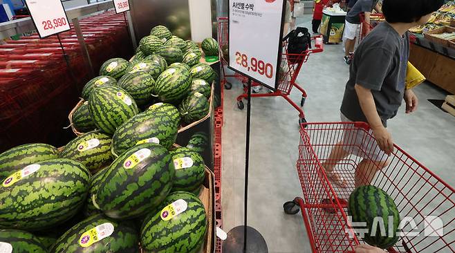 [서울=뉴시스] 권창회 기자 = 13일 서울 시내 대형마트에 진열된 수박. 최근 이른 무더위가 찾아오면서 일주일 새 수박과 배춧값이 20% 넘게 뛰었다. 한국농수산식품유통공사에 따르면 수박 평균 소매 가격은 지난 11일 기준 한통에 2만9115원으로 일주일 전보다 22.5%, 작년 대비  36.5% 올랐다. 2025.07.13. kch0523@newsis.com