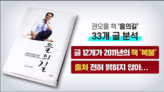 권 후보가 2014년에 낸 책 <을의 길> 중 약력 소개 외에 실려 있는 글은 모두 33개다. 이 중 12개가 2011년에 낸 첫 번째 책을 베껴온 것이었다.&nbsp;