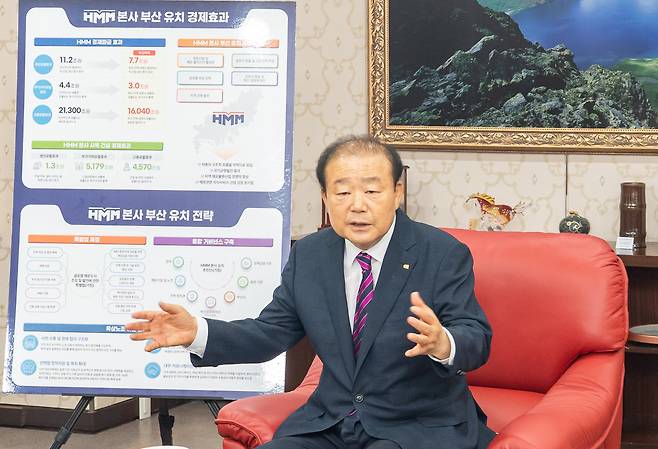 양재생 부산상의 회장이 HMM본사 부산 이전에 따른 파급효과를 설명하고 있다. 부산상의 제공