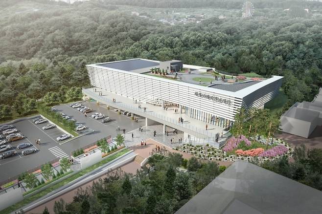 세계서예비엔날레관 조감도. 전북 전주 한국소리문화의전당 부지 1만 2374㎡에 328억원을 들여 3층 규모로 건립된다. 지난 5월 14일 착공식을 했으며 2027년 개관이 목표다. 전북특별자치도 제공