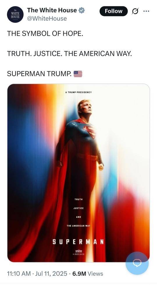트럼프 대통령의 '슈퍼맨' 이미지. 백악관 엑스(X)