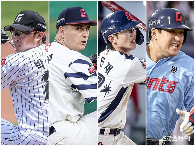 2000년 이후 최고의 전반기 성적을 낸 롯데가 후반기에도 호조를 이어갈지 주목된다. 원투펀치 박세웅, 터커 데이비슨의 반등, 전민재, 유강남(왼쪽부터)을 비롯한 주축 야수들의 수비 보완이 키포인트다. 사진제공｜롯데 자이언츠