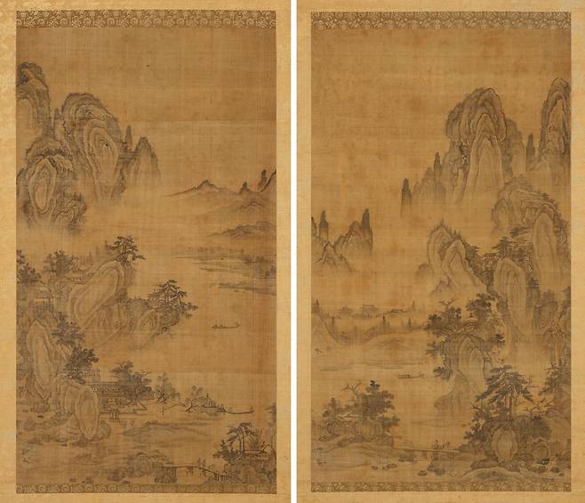 산수도(山水圖) (서울=연합뉴스) 국립중앙박물관 용산 개관 20주년 기념해 진행 중인 특별전 '새 나라 새 미술: 조선 전기 미술 대전'의 전시품 중 하나인 산수도. 조선 16세기 중반, 비단에 먹과 엷은 색, (좌) 94.7×53.6cm, (우) 95.7×53.5cm, 국립중앙박물관(구10563) [국립중앙박물관 제공. 재판매 및 DB 금지]