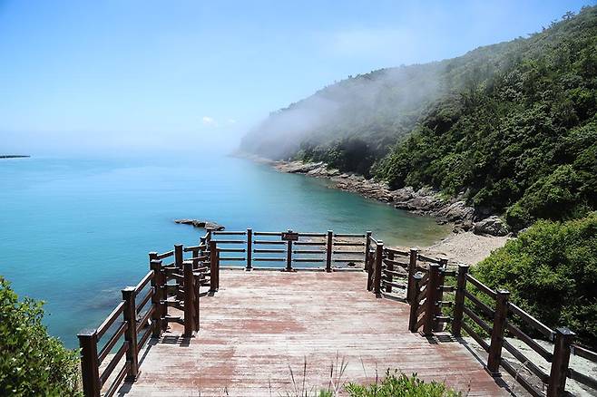 해변 데크전망대에 서니 바다 건너 신지도가 길쭉하게 펼쳐지고, 신지도 뒤쪽에서 조약도 생일도 같은 섬들이 고개를 내민다.