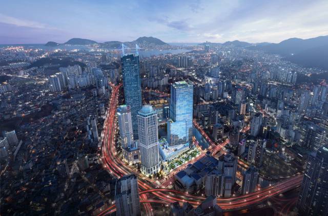 BIFC 3단계(BIFCⅡ) 건물(오른쪽)과 어우러진 문현금융단지 조감도. 맥서브컨소시엄 제공