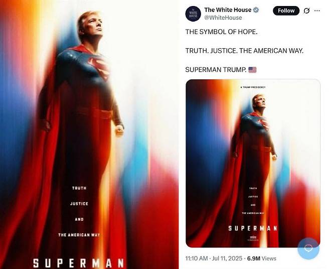 트럼프 대통령의 ‘슈퍼맨’ 이미지.(출처=미 백악관 엑스 캡처)