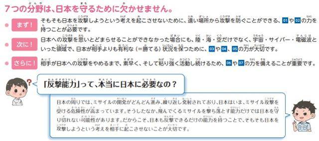 일본 방위성이 지난해 방위백서를 어린이용으로 제작한 '알기 쉽게! 일본의 방위 첫 방위백서 2024'에 반격 능력을 강화해야 한다는 내용을 담았다. 방위성 홈페이지 캡처