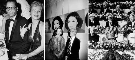 1955년 4월 미국 뉴욕 월도프 아스토리아 호텔에서 열린 파리기념일 행사에 참석한 매릴린 먼로와 아서 밀러가 연회를 즐기고 있다(왼쪽 사진). 이 호텔에서 1965년 열린 자신의 작품 전시회에 참석한 앤디 워홀(가운데)과 1957년 연설하고 있는 영국 엘리자베스 2세 여왕. 월도프 호텔 제공