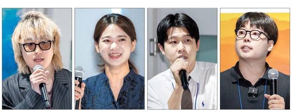 15일 부산 해운대구 더베이101 갤러리홀에서 국제신문 주최로 열린 ‘2025 부산광역시장과의 청년 토크콘서트’에 참가한 청년들이 다양한 주제로 발표하고 있다. 왼쪽부터 청년 디자이너 윤석운 씨, 더 프라미스 오케스트라 소속 김효연 씨, 대학연합팀 청춘어람 대표 김관욱 씨, 페스티베스티 대표 김세현 씨. 이원준 기자 windstorm@kookje.co.kr