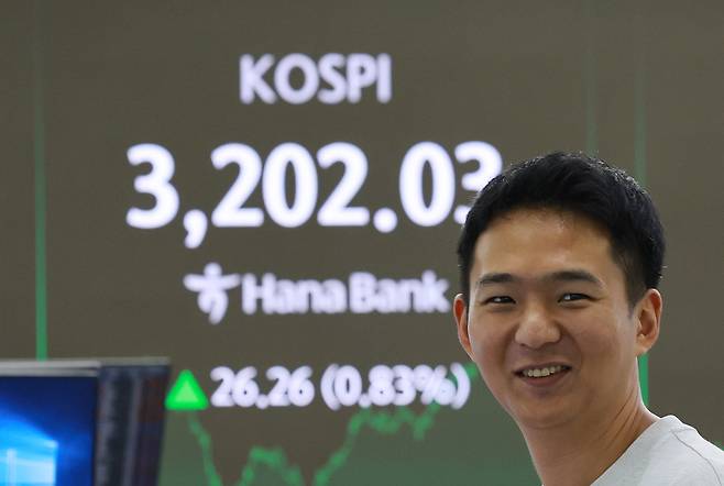 14일 서울 중구 하나은행 본점 딜링룸에서 딜러가 업무를 보고 있다. 이날 코스피는 전 거래일보다 26.26p(0.83%) 오른 3202.03으로 마감했다. 원/달러 환율은 5.8원 오른 1381.2원, 코스닥지수는 1.10p(0.14%) 내린 799.37로 장을 마쳤다. [연합]