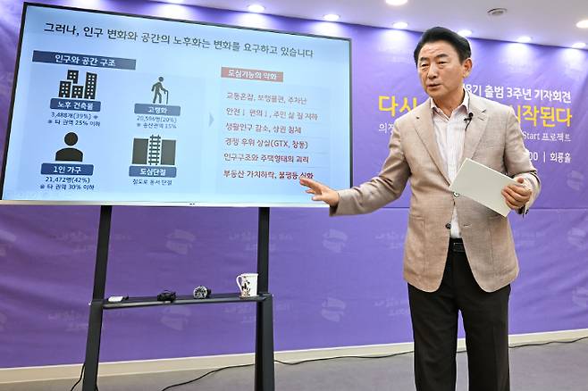 김동근 시장이 15일 시청 회룡홀에서 민선 8기 3주년 기자회견을 진행하고 있다. 의정부시 제공