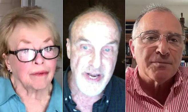 한·미동맹을 다룬 다큐멘터리를 제작하는 제이미 하몬드 감독(왼쪽부터), 윌리엄 윈십 감독, 커티스 스캐퍼로티 전 주한미군사령관 겸 한미연합사령관이 14일(현지시간) 세계일보와의 화상 인터뷰에서 작품의 의미 등에 대해 설명하고 있다.