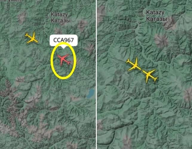 지난 6일(UTC 기준) 중국 에어차이나 에어버스 A350 CA967편 여객기와 중국 SF 항공 화물기가 러시아 상공에서 근접하는 모습. 에비에이션24 제공