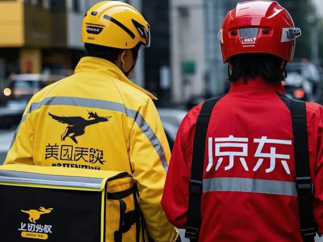 중국 배달업계 1위 메이퇀(왼쪽)의 라이더와 올해 새롭게 배달 플랫폼 사업에 뛰어든 중국 2위 전자상거래 업체 징둥의 라이더. 바이두 캡쳐