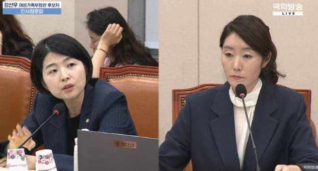 강선우 여성가족부 장관 후보자(오른쪽)에 질의하고 있는 한지아 국민의힘 의원. 국회방송 캡처