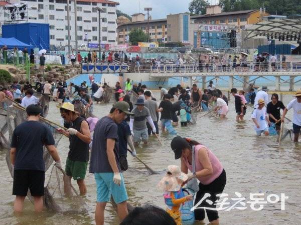 봉화은어축제 행사 프로그램인 내성천에서 반두잡이 체험 활동을 하고 있다. 사진제공 ㅣ 봉화군