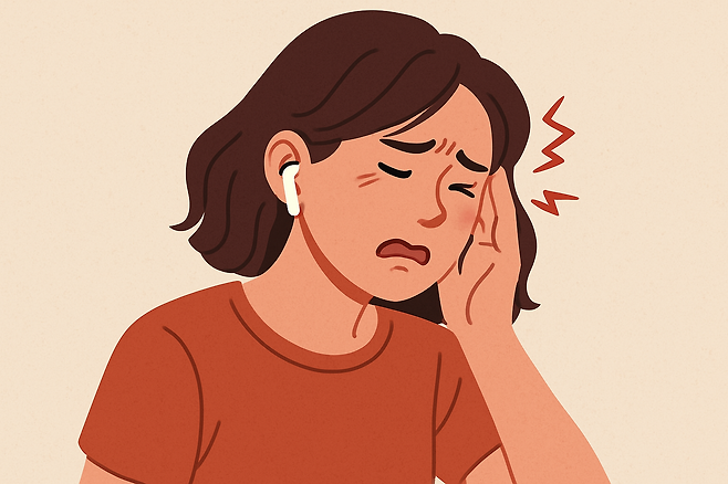 귀를 문지르며 아파하는 캐릭터